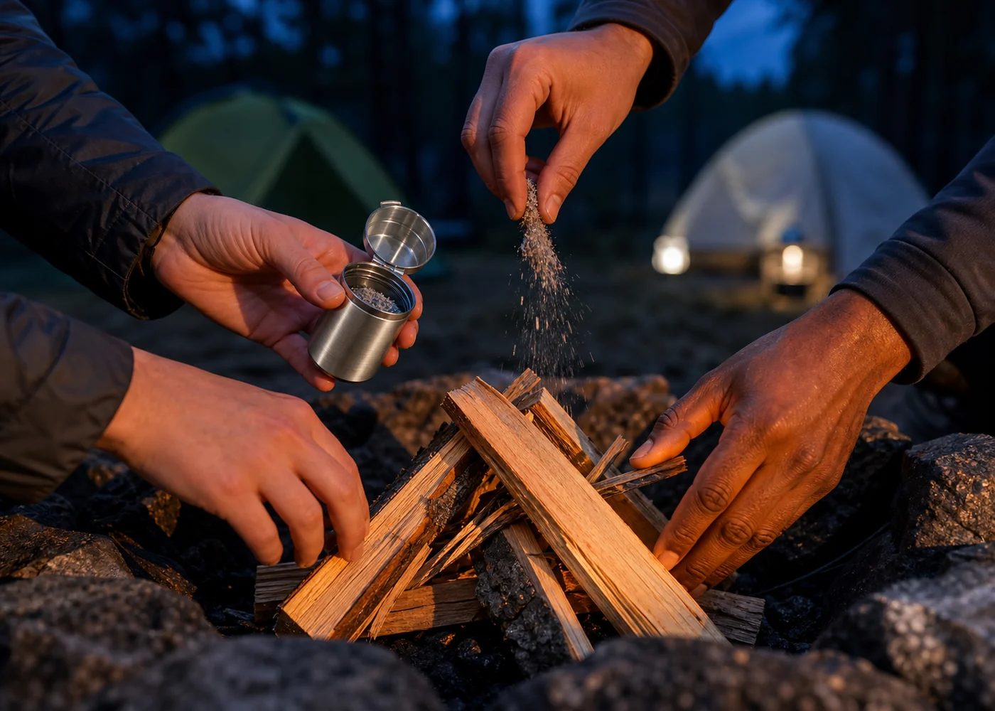 Hands adding saved campfire ash to a newly prepared fire at dusk