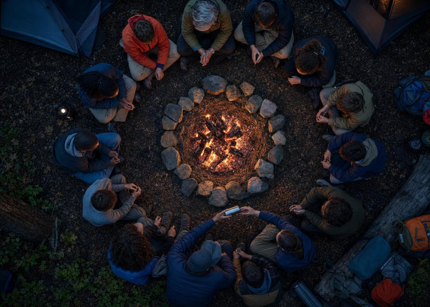 Scouts and adult leaders seated in a safe circle around a campfire, viewed from above