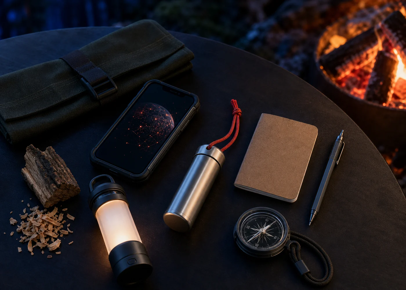 A contemporary campfire record kit with an ash capsule, phone, notebook and compass