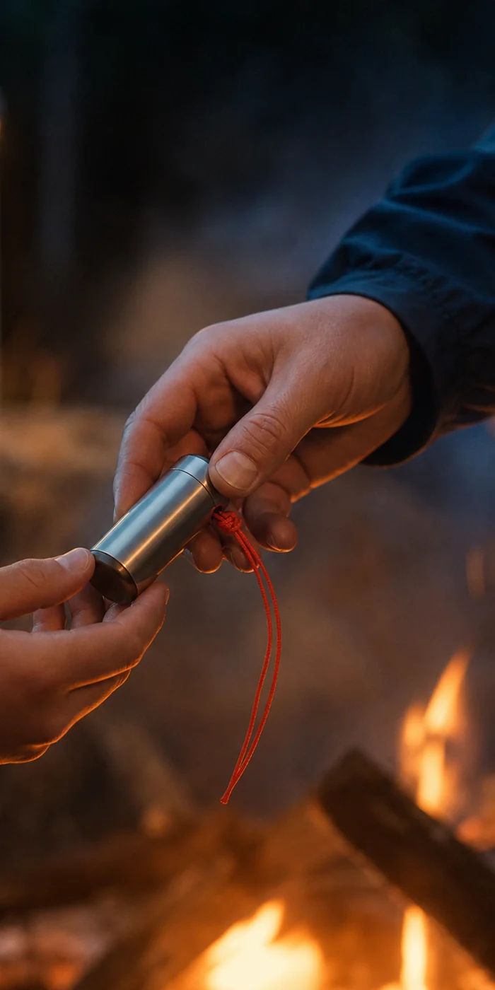 A Scout and adult leader passing a metal ash capsule beside the campfire